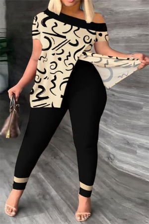 Khaki Sexy Casual Print Printing Contrast Off the Shoulder Short Sleeve Two Pieces