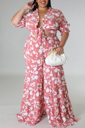 Pink Casual Print Frenulum Plus Size Two Pieces