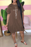 Brown Casual Print Patchwork O Neck Lantern Skirt Plus Size Dresses