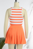 Orange Casual Striped Patchwork Backless U Neck Sleeveless Two Pieces