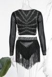 Black Sexy Party Solid Tassel See-through Sequined Hot Drill V Neck Long Sleeve Two Pieces