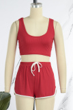 Rose Red Casual Sportswear Solid Basic V Neck Sleeveless Two Pieces