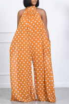 Orange Casual Simplicity Dot Printing Halter Loose Jumpsuits
