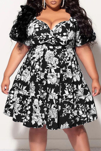 Black Sweet Print Patchwork V Neck A Line Plus Size Dresses