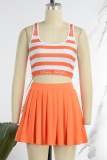 Orange Casual Striped Patchwork Backless U Neck Sleeveless Two Pieces