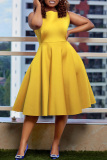 Yellow Casual Solid Basic O Neck Sleeveless Dress Dresses