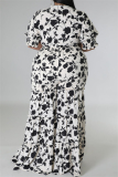White Casual Daily Floral Bandage Patchwork Printing Stringy Selvedge Smocking V Neck Half Sleeve Two Pieces