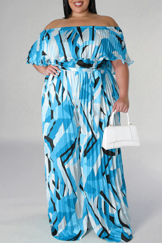 Blue Casual Print Patchwork Fold Off the Shoulder Plus Size Jumpsuits