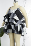 Black White Plus Size Sexy Sweet Cute Mixed Printing Geometric Printing Spaghetti Strap Ball Gown