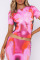 Pink Sexy Street Print Patchwork O Neck Short Sleeve Two Pieces