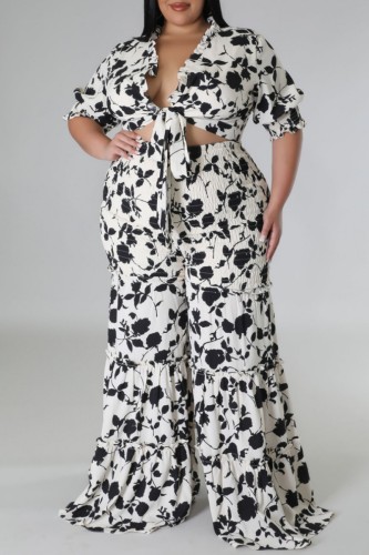 Black Casual Print Frenulum Plus Size Two Pieces