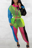 Multicolor Casual Print Hollowed Out Patchwork See-through Hooded Collar Long Sleeve Two Pieces