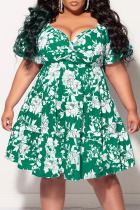Green Sweet Print Patchwork V Neck A Line Plus Size Dresses