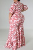 Pink Casual Print Frenulum Plus Size Two Pieces