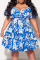Blue Sweet Print Patchwork V Neck A Line Plus Size Dresses