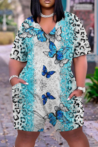 Light Blue Casual Print Basic V Neck Regular Rompers