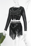 Black Sexy Party Solid Tassel See-through Sequined Hot Drill V Neck Long Sleeve Two Pieces