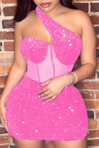 Pink Sexy Party Celebrities Solid Sequins Patchwork Oblique Collar One Step Skirt Dresses