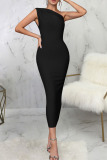 Black Sexy Solid Patchwork Oblique Collar Pencil Skirt Dresses