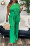 Green Casual Daily Simplicity Frenulum Asymmetrical Solid Color One Shoulder Regular Jumpsuits