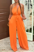 Orange Sexy Casual Simplicity Bandage Solid Color Halter Regular Jumpsuits