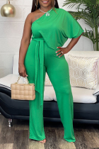 Green Casual Daily Simplicity Frenulum Asymmetrical Solid Color One Shoulder Regular Jumpsuits