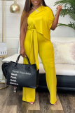 Yellow Casual Daily Simplicity Frenulum Asymmetrical Solid Color One Shoulder Regular Jumpsuits