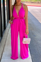 Rose Red Sexy Casual Simplicity Bandage Solid Color Halter Regular Jumpsuits