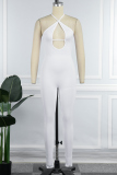 White Sexy Sportswear Solid Backless Strap Design Halter Skinny Jumpsuits