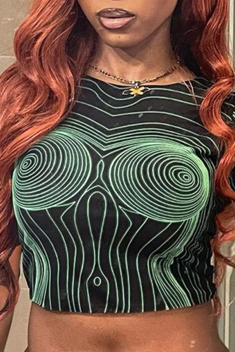 Green Sexy Street Punk Print O Neck High Waist T-Shirts