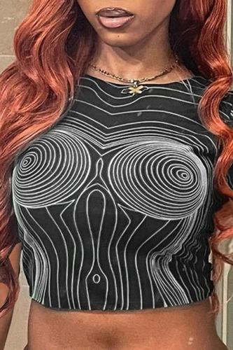Black Sexy Street Punk Print O Neck High Waist T-Shirts