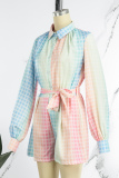 Colour Casual Daily Plaid Print Frenulum Turndown Collar Straight Rompers（With Belt）