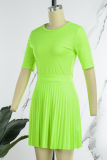 Fluorescent Yellow Casual Solid Patchwork Fold O Neck Half Sleeve Two Pieces