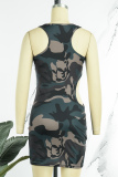 Camouflage Sexy Casual Street Camouflage Print Cut Out O Neck One Step Skirt Dresses(Without Belt)