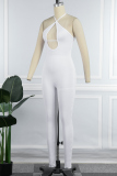 White Sexy Sportswear Solid Backless Strap Design Halter Skinny Jumpsuits