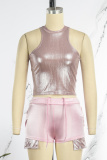 Pink Casual Street Solid Reflective O Neck Sleeveless Two Pieces