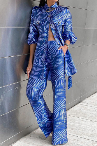 Blue Celebrities Elegant Geometric Print Patchwork Turndown Collar Long Sleeve Two Pieces