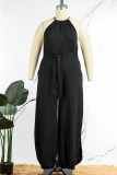 Black Sexy Casual Solid High Opening Halter Plus Size Jumpsuits(With Belt)
