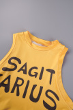 Yellow Casual Street Letter Printing O Neck High Waist Tops