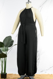 Black Sexy Casual Solid High Opening Halter Plus Size Jumpsuits(With Belt)
