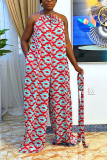 Pink Casual Simplicity Print With Belt Printing Halter Straight Jumpsuits