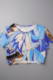 Blue Sexy Print Basic O Neck Short Sleeve Two Pieces