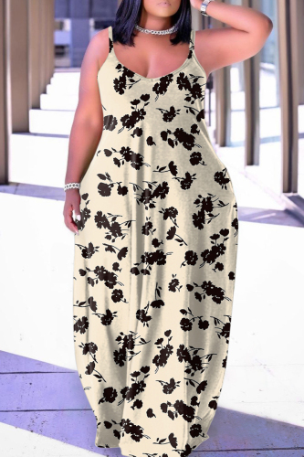 Apricot Sexy Casual Print Backless Spaghetti Strap Long Dress Dresses