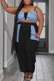 Black Sexy Casual Patchwork Backless Contrast Spaghetti Strap Plus Size