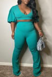 Turquoise Sexy Daily Simplicity Solid Color V Neck Short Sleeve Two Pieces
