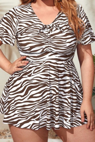 Brown Casual Striped Print Basic V Neck Plus Size Swimwear