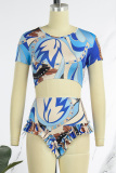 Cyan Sexy Print Basic O Neck Short Sleeve Two Pieces