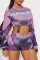 Purple Sexy Print Hollowed Out O Neck Skinny Romper