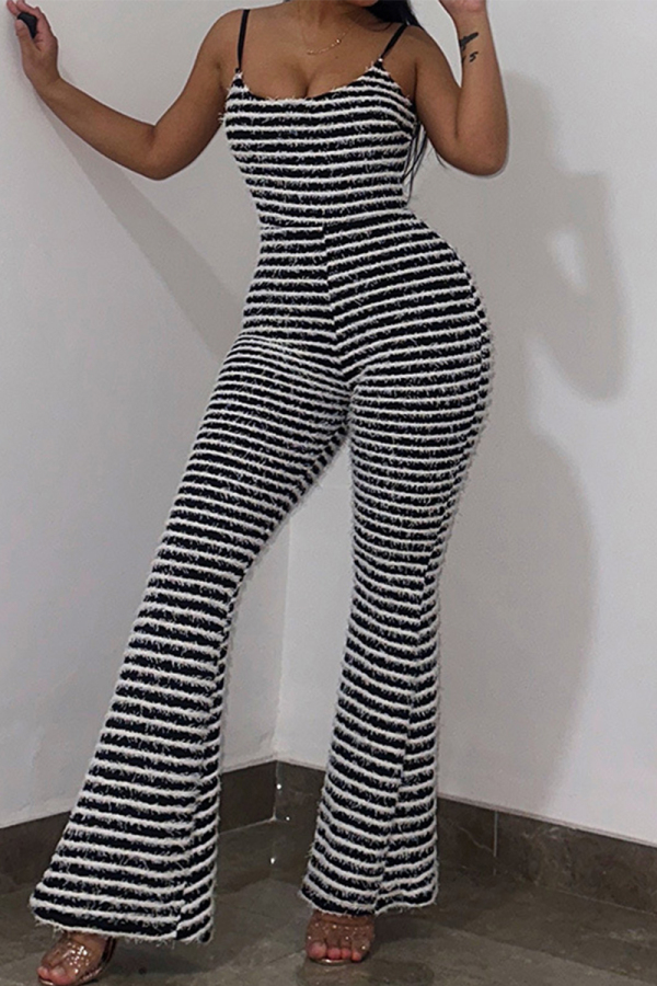 Black Sexy Casual Street Striped Backless Spaghetti Strap Regular Jumpsuits