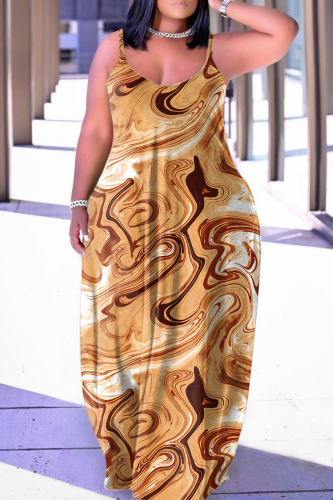 Light Coffee Sexy Casual Print Backless Spaghetti Strap Long Dress Dresses